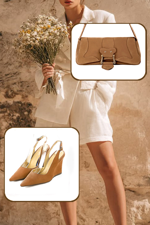 Dress slingback heels in camel beige leather with high wedge heels and pointed toe - Worn view